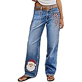 QLAUYIOE Women's High Waisted Straight Leg Jeans Stretchy Christmas Patch Print Distressed Denim Pants