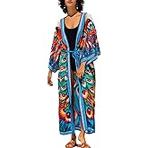ZSWDXX Women Colorful Butterfly Print Long Kimono Cover Up Open Front Bathing Suit Dress Lightweight Cardigan Blue