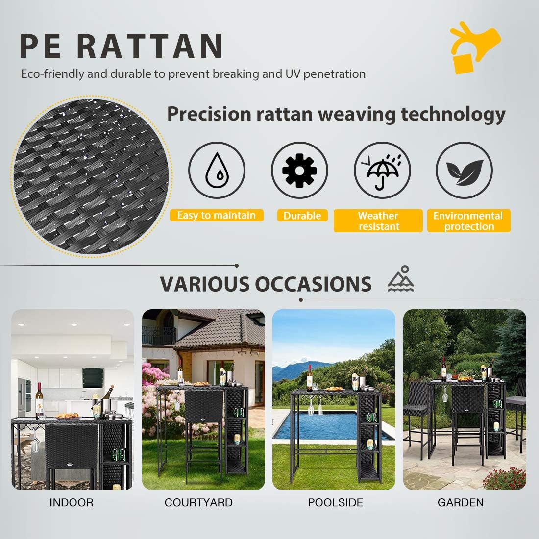 VIVOHOME Outdoor Patio Wicker Bar Table Rattan Counter Furniture with 3 Goblet Holders and 3 Storage Shelves for Lawn Garden Backyard Black: Kitchen & Dining