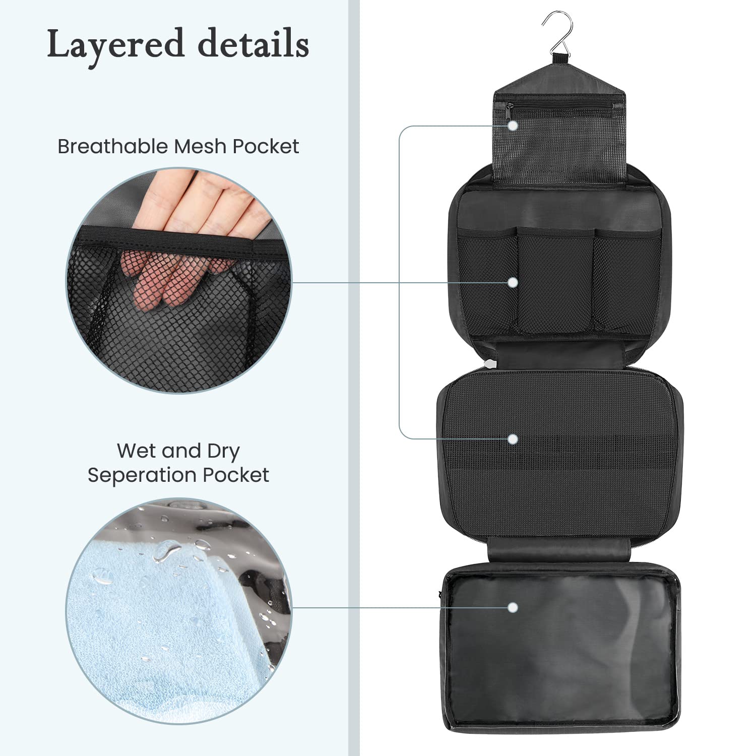 Maliton Toiletry Bag for Men & Women Travel Toiletry Bag Hanging Toiletry Bag Hygiene Organizer with 4 Compartments Waterproof Bathroom Shower Bag Large Toiletries Travel Bag(Black)