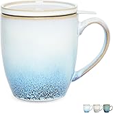 Bosmarlin Ceramic Tea Cup with Infuser and Lid, 16 Oz, 3 Colors to Choose, Dishwasher and Microwave Safe, Reactive Glaze, Steeping Tea Mug with Strainer (16 Oz, Blue)
