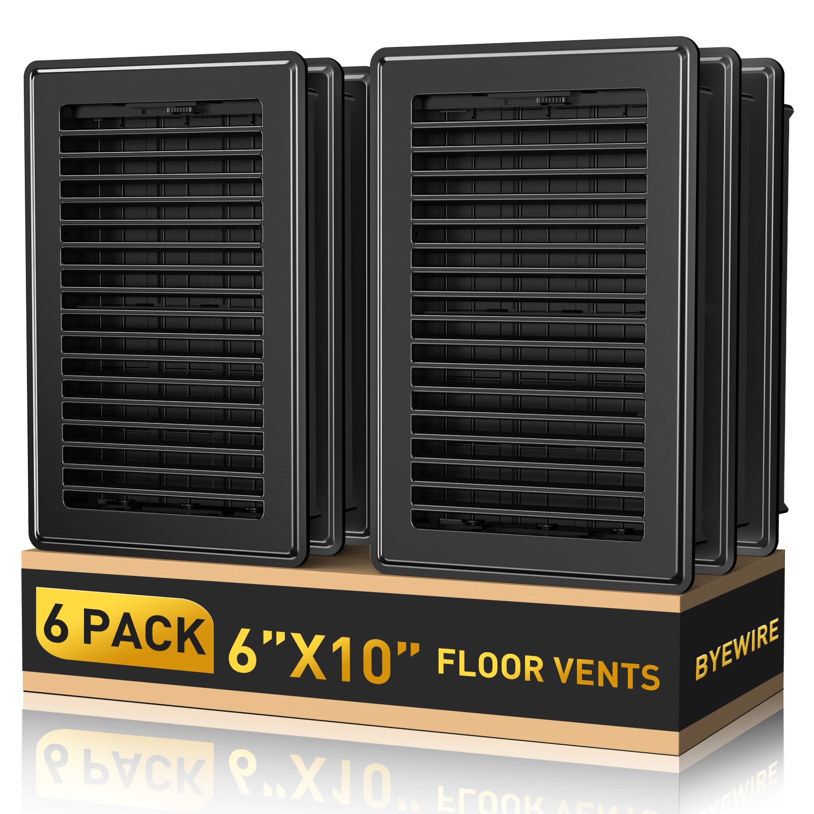 Floor Register Fit 6x10 Inch/10x6 Inch Duct Opening, Heavy Duty Steel Walkable Vent Covers for Home Floor, Adjustable Quiet Airflow Vent Grill, Rust-Proof Black Air Register Vent Cover 6-Pack Image