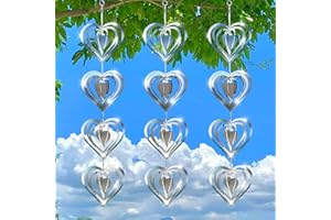 UTFFEDY 12 Metal Heart Bird Scarer Discs Set, Wind Spinners 3D Helix Reflector Stainless Steel Sparkly Outdoor Garden Decor, Scare Birds & Animals Away from Garden Yard Patio Lawn Farm Wind Sculpture Gifts
