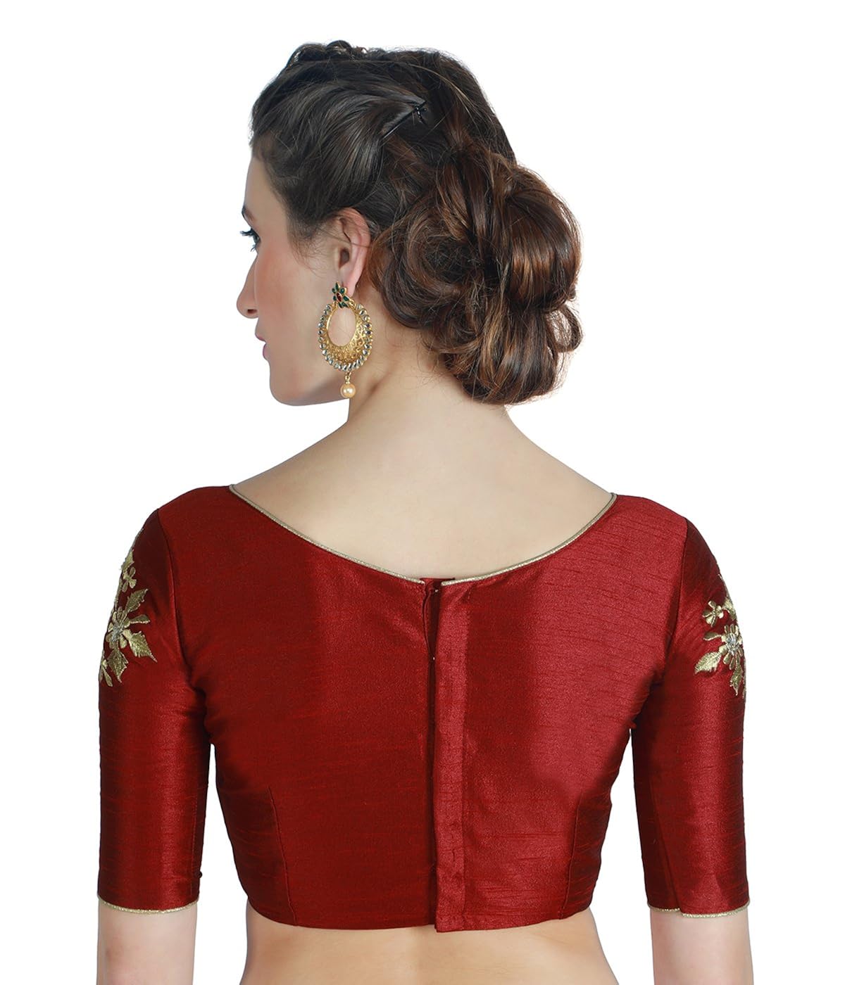 studio shringaar women's poly raw silk maroon readymade saree blouse with sleeves embroidery