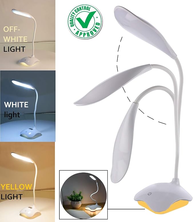 DOCOSS - ABS Rechargeable LED Desk Lamp Flexible Table Lamp with 3 Light Modes Study Reading Light for Students Study,Office with Warm White Lights (White)