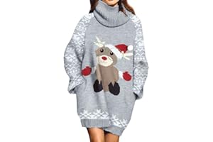 Pink Queen Women Turtleneck Loose Print Christmas Long Sweater Dress with Pockets