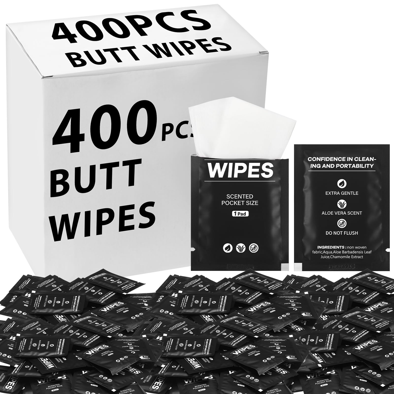 Photo 1 of 400 Pcs Butt Wet Wipes for Women Individually Wrapped Wipes for Women Man Travel Hand Face Body Cleaning Adults Bathroom Toilet Daily Use(Black)
