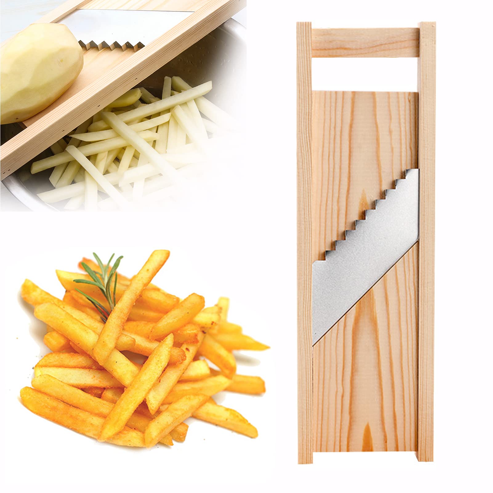 Kitchen Potato Chipper, Professional French Fries Chip Cutter with Stainless Steel Blade And Actual Wooden Frame, for Home And Commercial Use, Fast Cutting,8 * 10mm