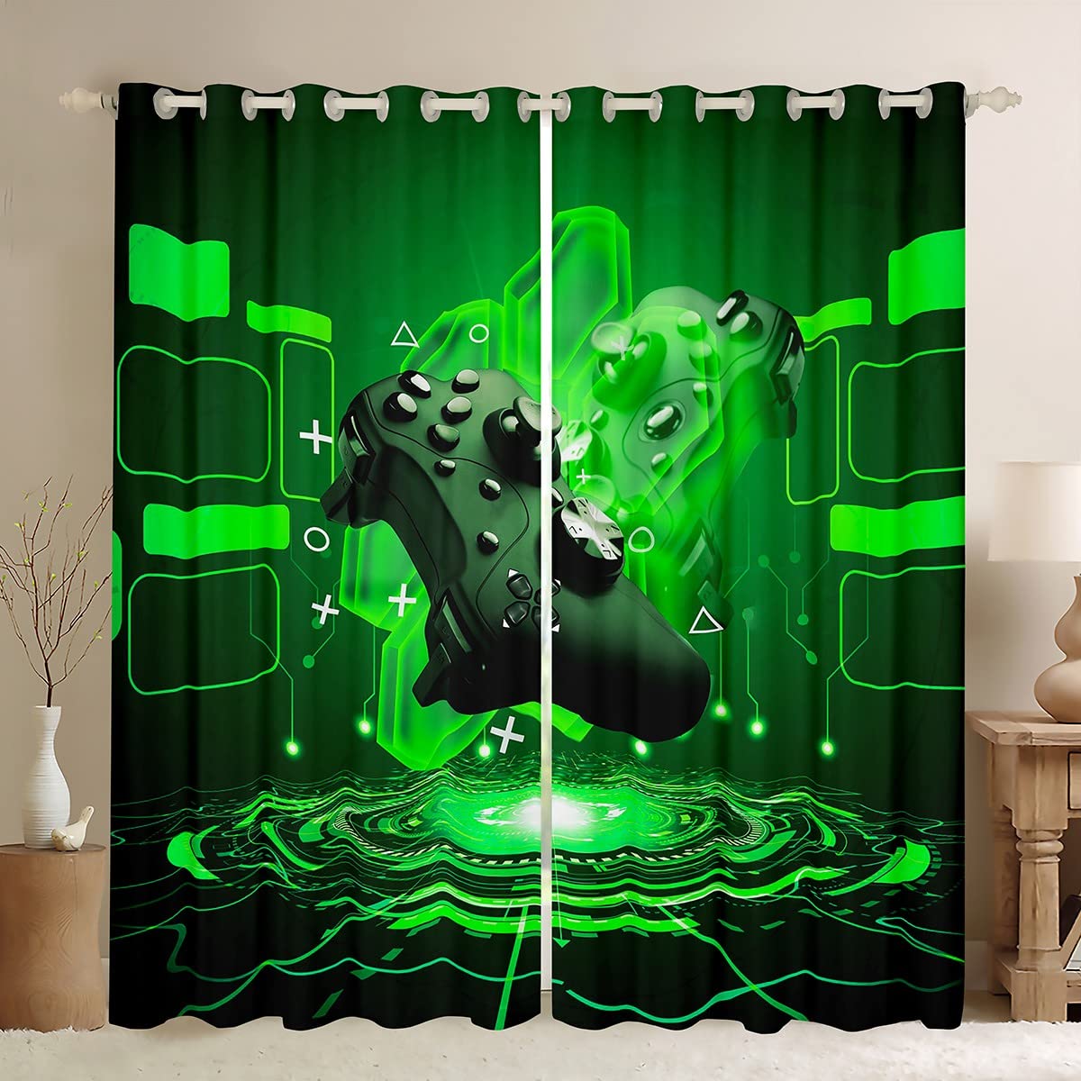 Loussiesd Gamer Curtains for Boys Bedroom Kids Teens Gaming Decor Window Curtains Video Game Window Drapes Room Decor Children Playing Gamepad Green Geometric Window Treatments, W46xL54x2
