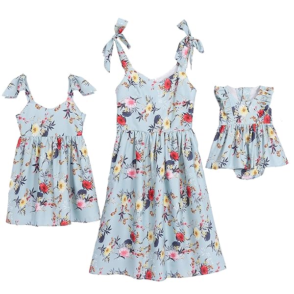 POPREAL MOMMY AND ME FLORAL PRINTED DRESSES SHOULDER STRAPS BOWKNOT CHIFFON SLEEVELESS MATCHING OUTFITS LIGHT GREEN