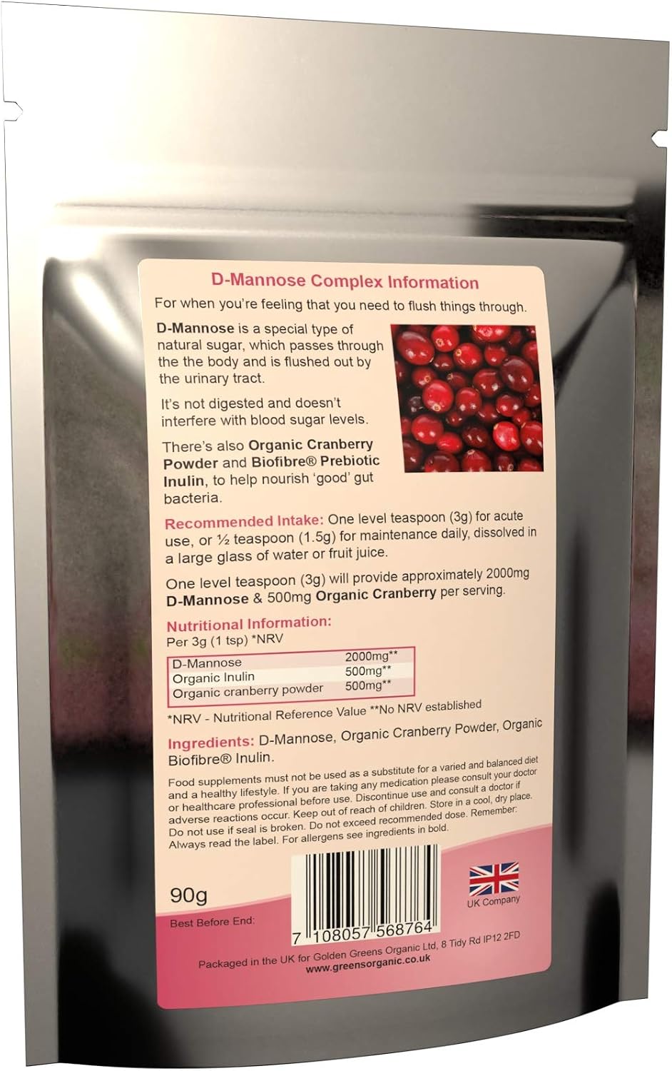 Golden Greens D-Mannose Complex with Organic Cranberry 30 Servings, 1 Count - Image 3