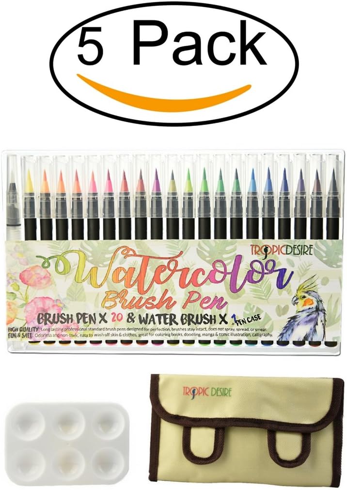 TROPIC DESIRE 5 Pack - Watercolor Brush Pen Set – Vivid Watercolors for Professionals, Beginners, Adults, and Kids – 20 Watercolor Art Markers and Water Pen + BONUS Roll Up Wrap Case & COLORING EBOOK