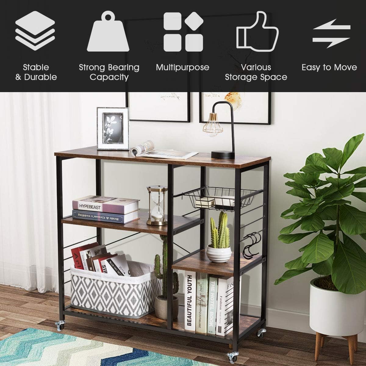 Giantex Industrial Kitchen Baker's Rack with Lockable Universal Wheel, Microwave Oven Stand, Metal Frame, Utility Storage Shelf, Basket and Hooks, Easy Assembly (Brown) - Standing Baker's Racks