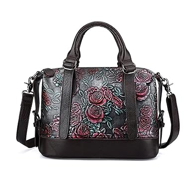 ORIREAL Crossbody Bag for Women Vintage Rose Top Handle Tote Purses Genuine Leather Satchels Handbag (silver)