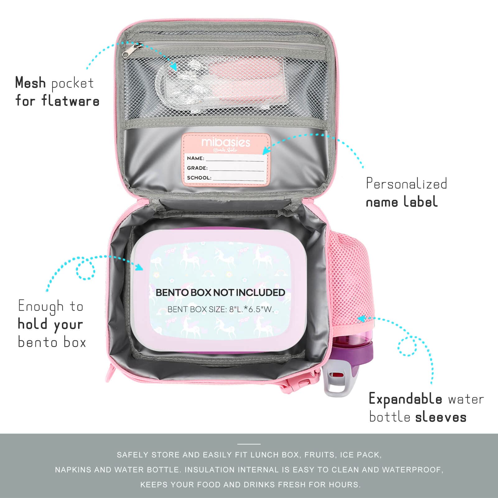 mibasies mibasies Girls Lunch Bag for Kids Insulated Lunch Box with Shoulder Strap and Bottle Holder, Glitter Rainbow