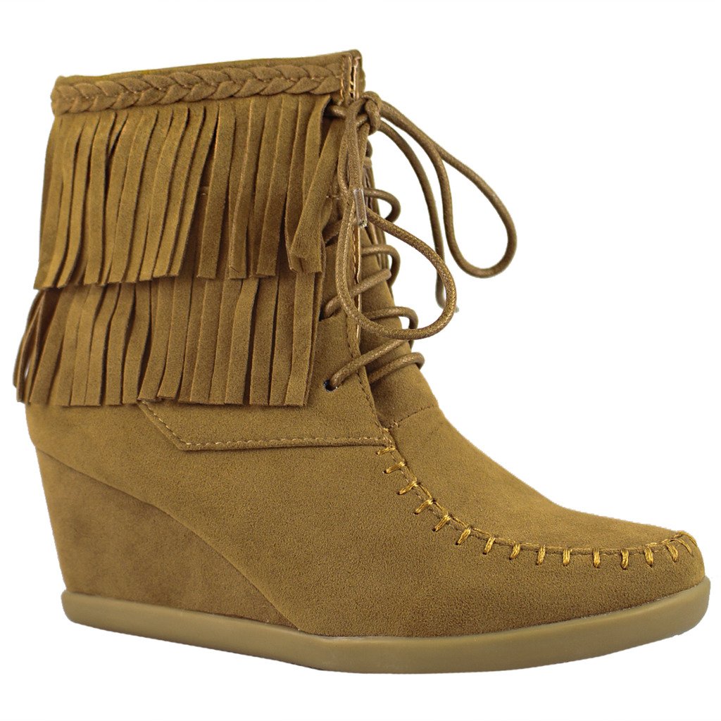 Women's Two Layered Tassel Moccasin Lace Up Fashion Ankle Wedge Bootie