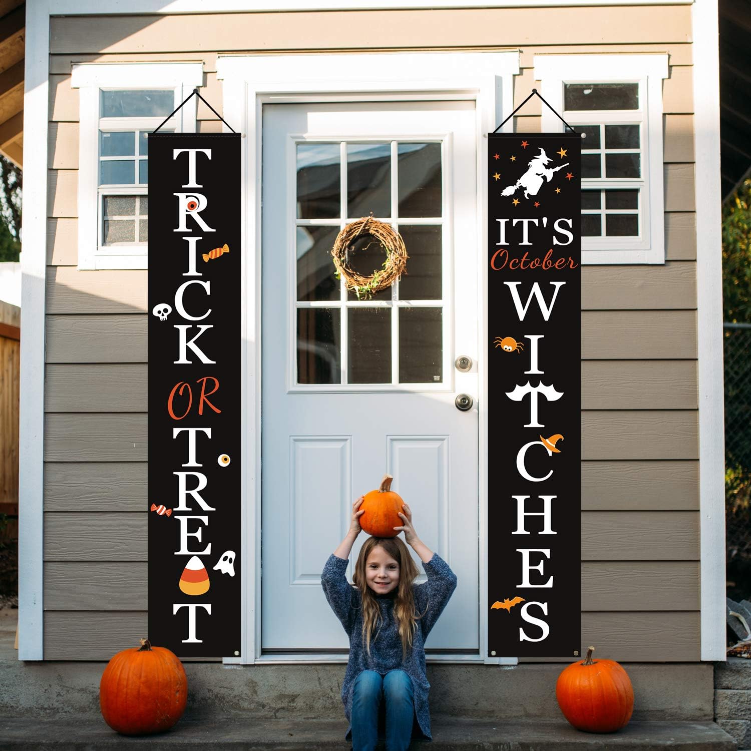 Halloween Decorations Outdoor | Trick or Treat & It's October Witches Halloween Signs for Front Door or Indoor Home Decor | Porch Decorations | Halloween Welcome Signs: Home & Kitchen