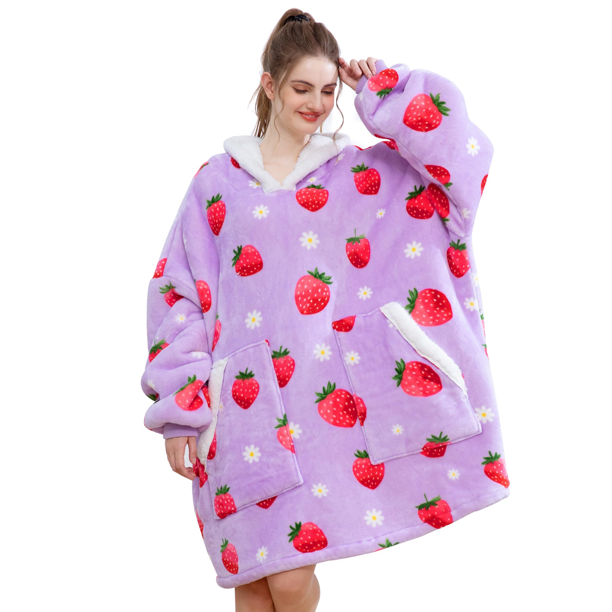 Kipswiza Strawberry Wearable Blanket Hoodie for Adults & Teens - Oversized Sherpa Fleece Hooded Sweatshirt with Pockets, Cozy Gift for Women, Men, Best Friends, Light Purple Image