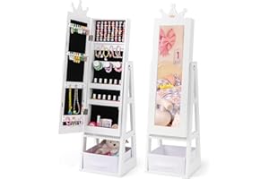 CHARMAID Kids Jewelry Cabinet - 45.5'' Standing Jewelry Armoire with Full Length Mirror, Storage Drawer and Back Shelf, Kids Jewelry Organizer Box Vanity Dressing Mirror for Girls (White)