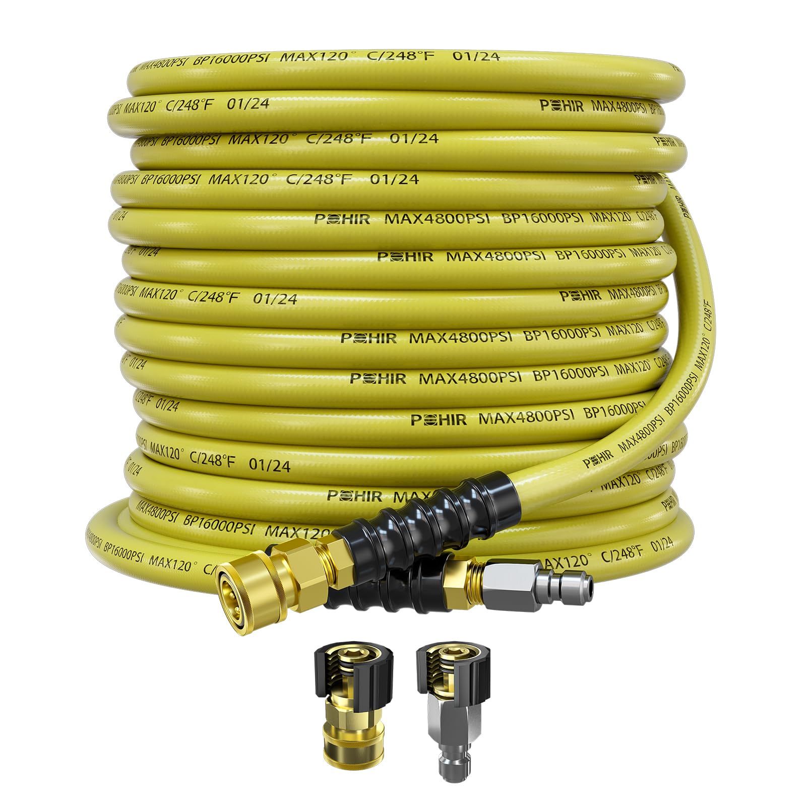 Photo 1 of POHIR 50ft Pressure Washer Hose 3/8" 4800 PSI, Power Washer Hose with 3/8 Quick Connect, Hot & Cold Water Hose Max 248°F, Commercial Industrial Grade Steel Wire Braided Kink Proof Extension Hose