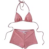 GORGLITTER Women's Gingham Plaid Swimsuits Bow Triangle Halter Shorts Bottoms Bikini Sets Bathing Suit