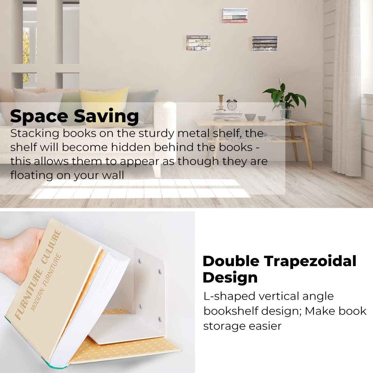 STORAGE MANIAC 4-pack Large Invisible Floating Bookshelves, Heavy-duty Book Organizers, White: Home & Kitchen
