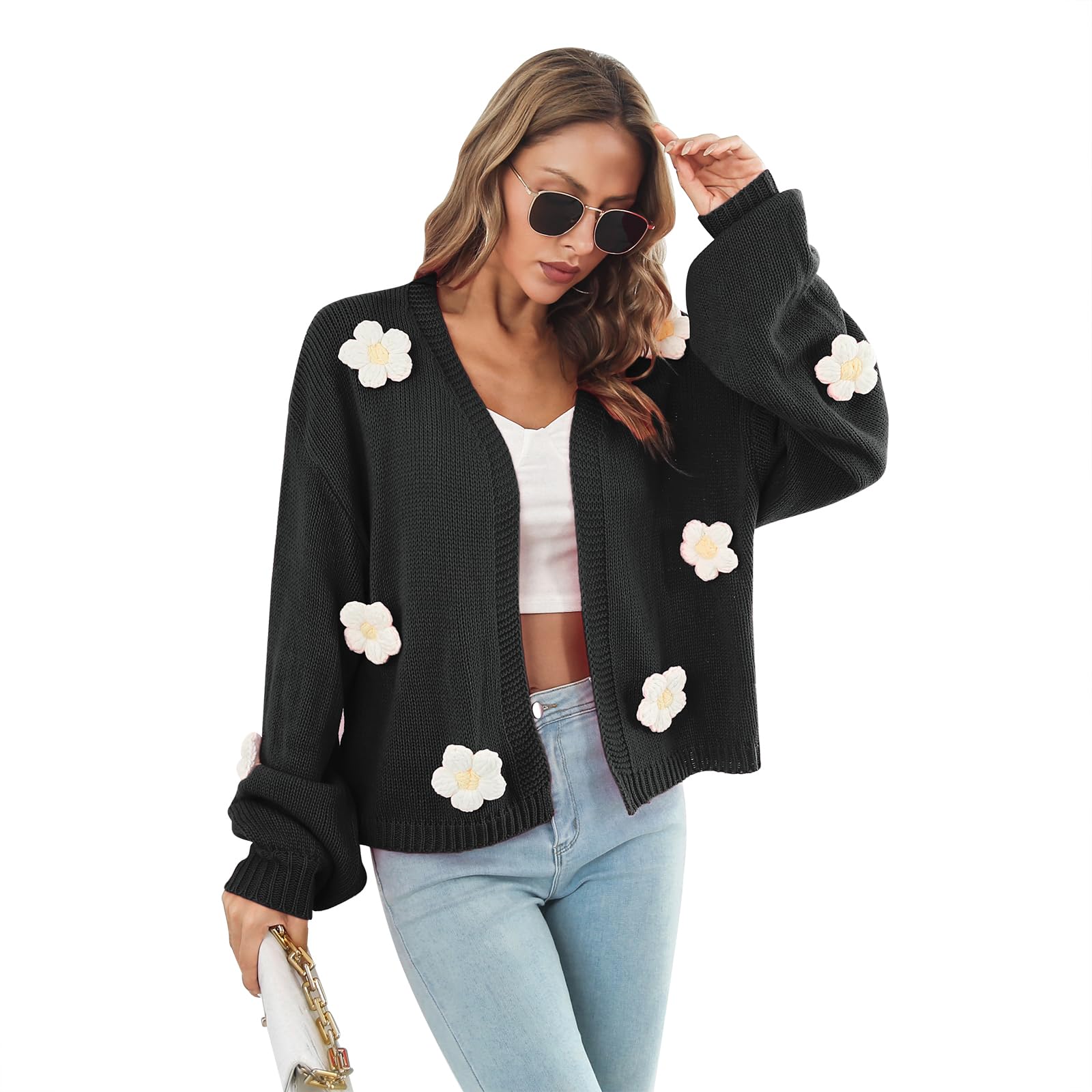 Photo 1 of ***Flowers falling off***ODIZLI Black Flower Cardigan Sweaters for Women Long Sleeve Pen Front Cropped Knit Jackets Sweater for Teen Girls Y2K Fall Casual Clothes Chunky Coat Outwear Loungewear Colorful Sweater 3763YT?? M***Flowers falling off***