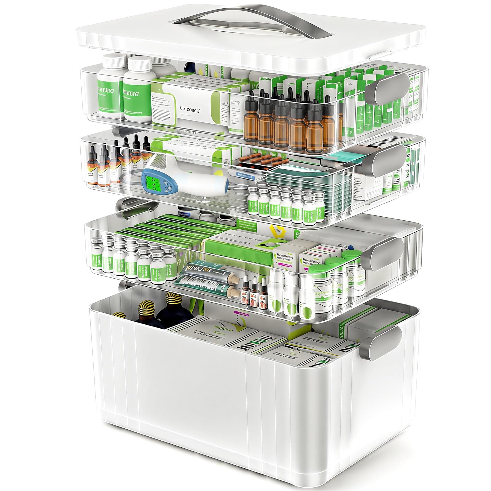 ARSTPEOE 4-Tier Medicine Organizer - Portable Medicine Cabinet with Plastic Handle, Multipurpose Medical Box, Empty First Aid Kit for Home Image