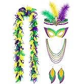 10 Pieces Mardi Gras Costume Accessory Outfit Set Faux Feather Headband Feather Boa Mardi Gras Beads Necklaces Carnival Leaf Shape Leather Dangle Earrings for Women Carnival Halloween Masquerade Party