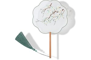 YUELAI Chinese Hanfu Round Fan,Silk Embroidery Round Hand Held Fan,Wooden Fan,Traditional Palace Paddle Dance Fan