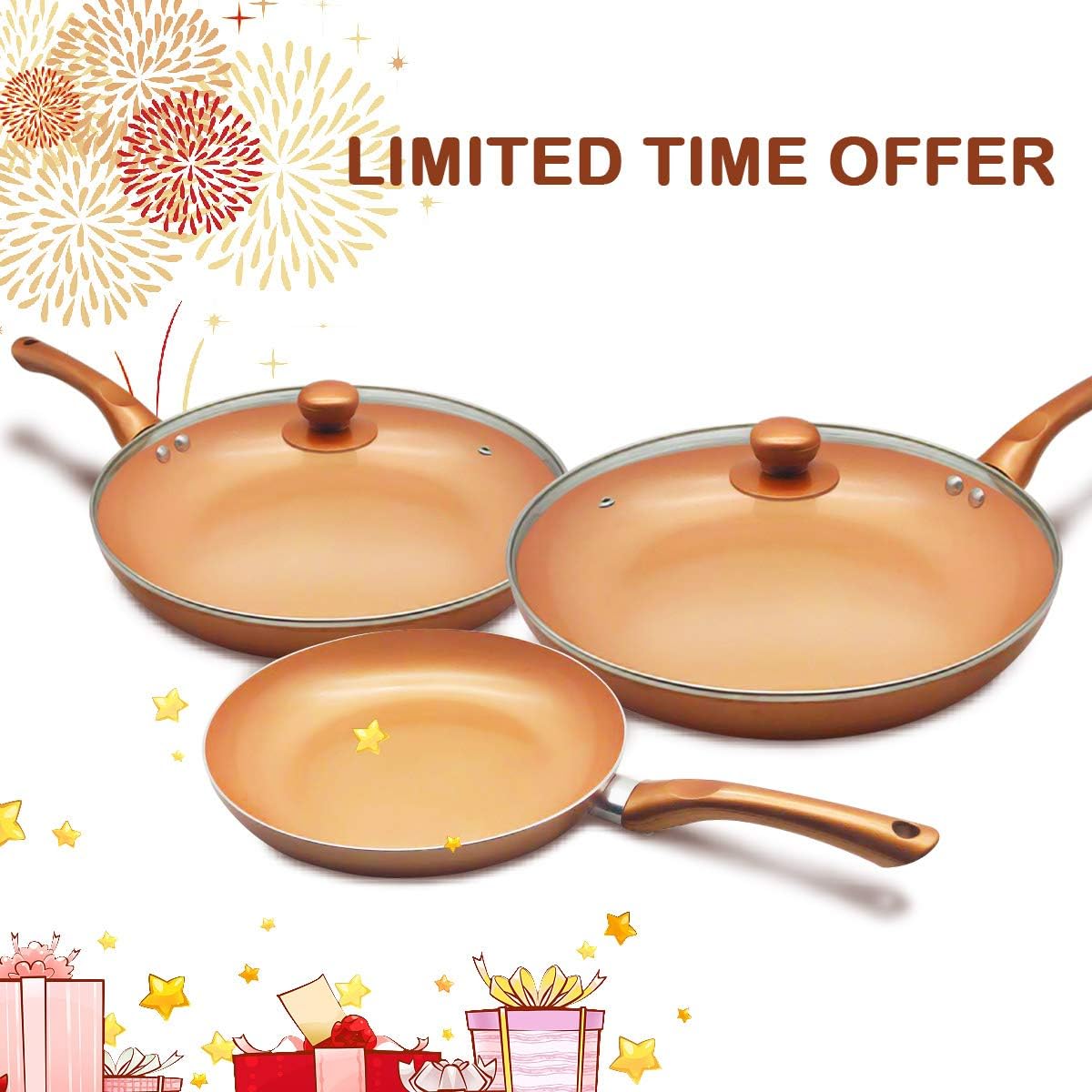 FRUITEAM 3pcs Non-Stick Frying Pan Set with Lids Copper Cookware Set Ceramic Anti-Scratch Fry Pan, Pancake Pan for Health Food