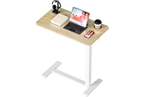 BIZUM Adjustable Bedside Table with Swivel Hidden Wheels Pneumatic Rolling Desk Mobile Standing Desk with Cup Holder for Hospital Home(27.6"x15.8" Maple)