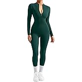 SUUKSESS Women Long Sleeve Ribbed Jumpsuit Zip up Front Workout Bodycon Romper