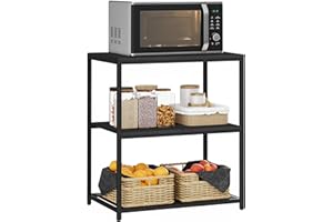 Homleke Kitchen Island with 3 Shelves, Kitchen Shelf with Large Workstation, Bakers Rack, Workbench, Metal Frame, Black