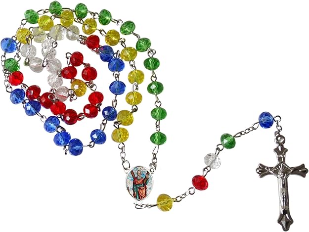 Gifts by Lulee, LLC Saint Matthew The Apostle Patron Saint of Accountants and Bankers Rainbow Quartz Faceted Beads Rosary with Silver Plated Centerpiece and Crucifix Includes a Blessed Prayer Card