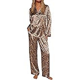 Ekouaer Silk Satin Pajamas for Women Button Down Pjs Set Long Sleeve Loungewear 2 Piece Wide Leg Sleepwear