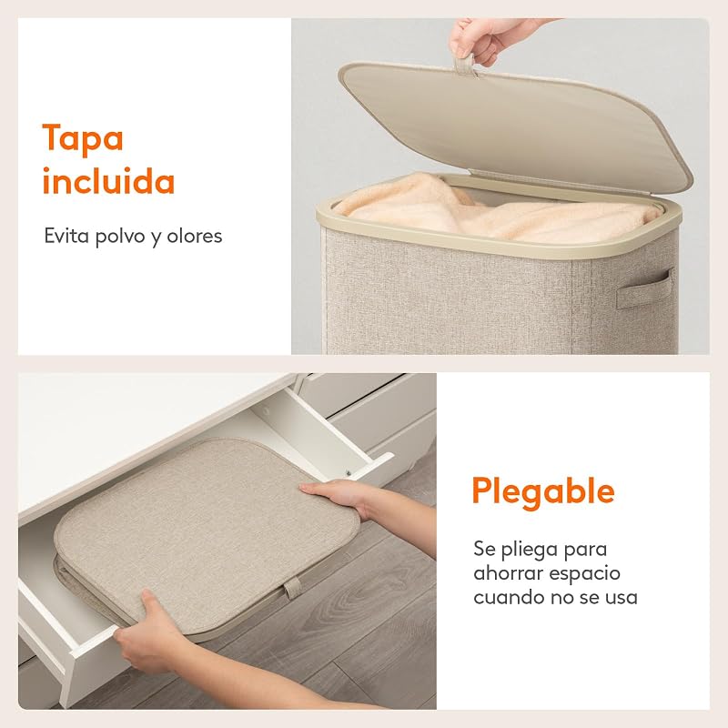 Cesto da roupa suja, cesto dobrável com saco e pega removíveis, balde de roupa com tampa, cesto de roupa para quarto, casa de banho, lavandaria, quarto, 105 L, bege