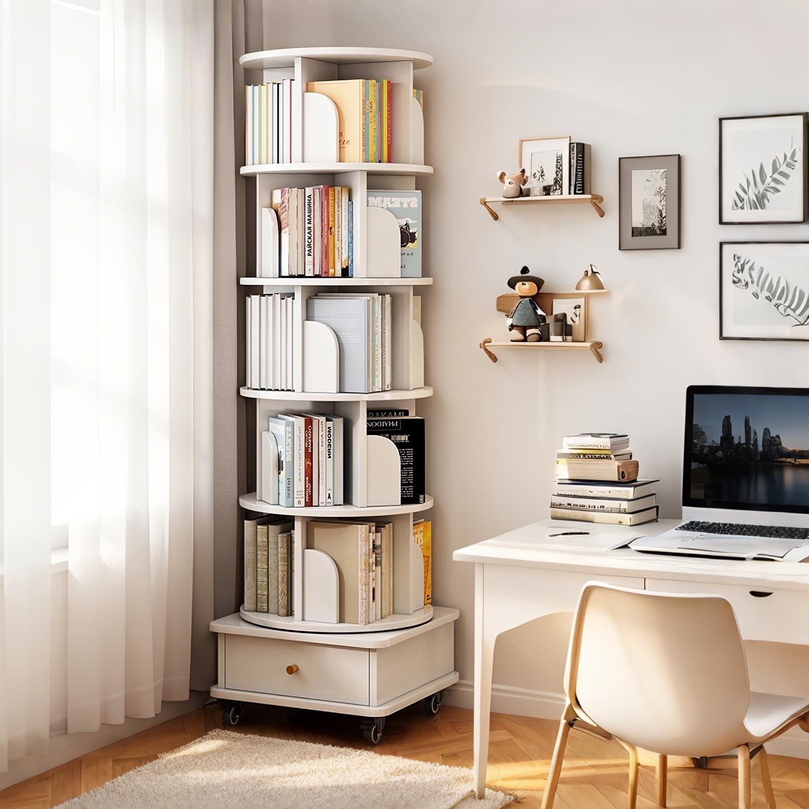 GuaziV 6-Tier 360° Rotating Bookshelf with Wheels