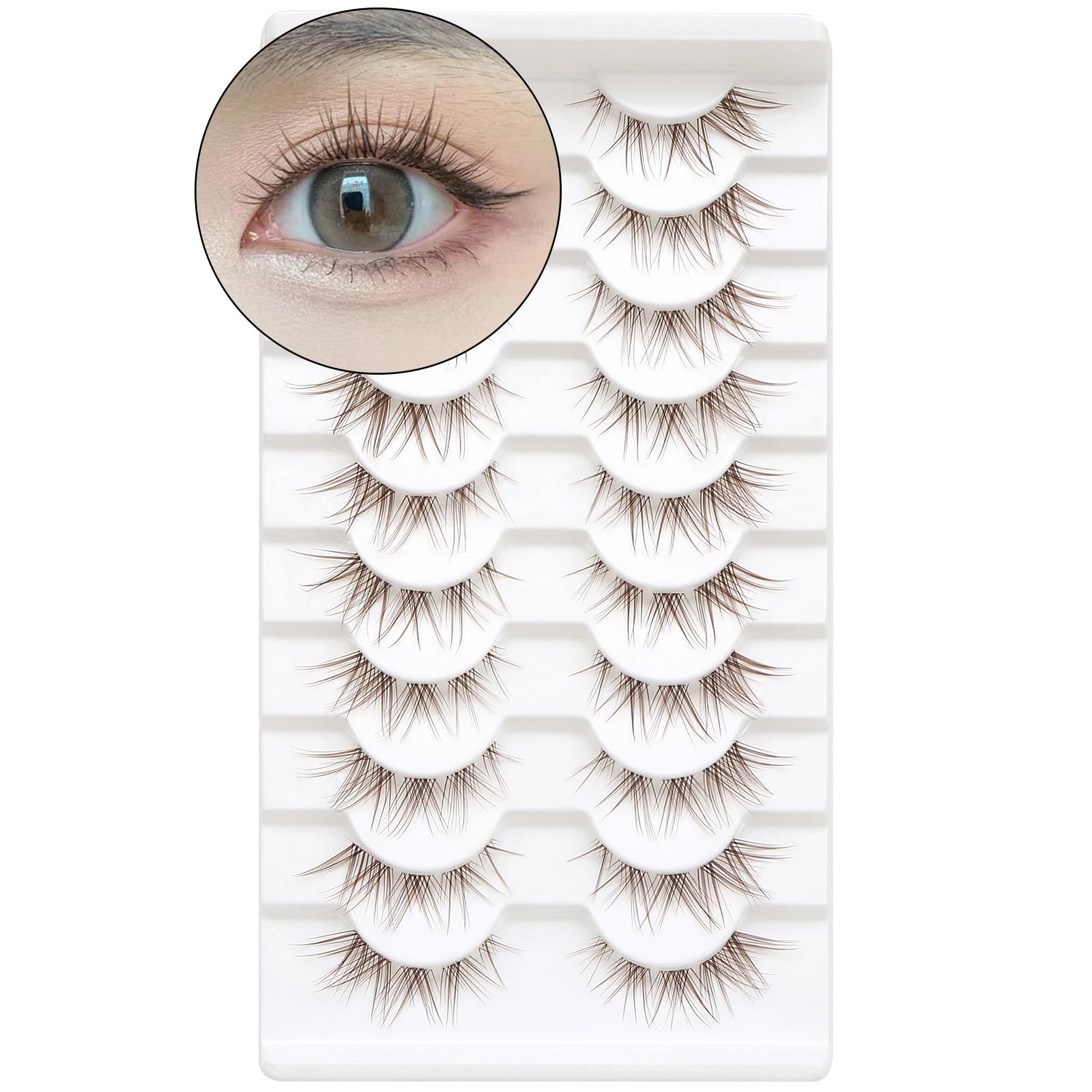 10 Pairs Brown Lashes Clear Band Manga Japanese Anime Cosplay Eyelashes Asian False Natural Look Like Individual Clusters (A02-Cat Eye 8-13mm)