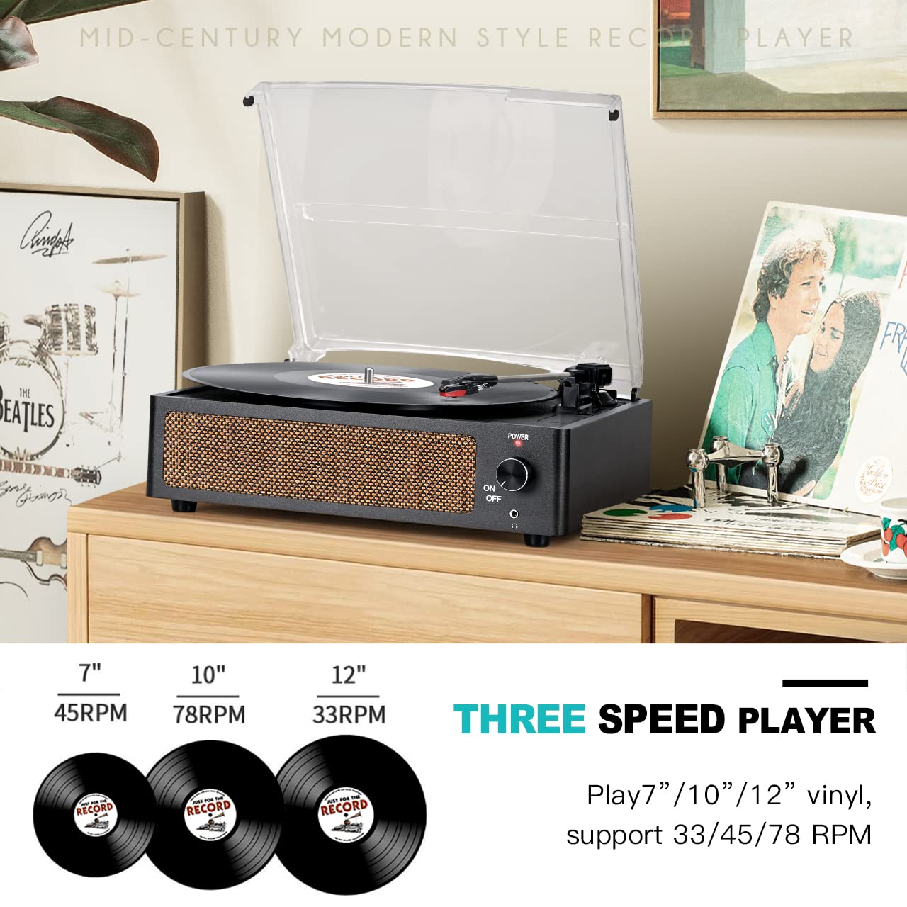 Vinyl Record Player with Speakers Vintage Turntable for Vinyls Records Belt-Driven Turn Table Support 3-Speed, Wireless Playback, Headphone, AUX-in, RCA Line LP Phonograph for Sound Enjoyment Black
