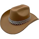 Xufadiva Shiny Rhinestone Women's Cowgirl Hat Western Cowboy Retro Panama Unisex Sequin Wide Brim Hat