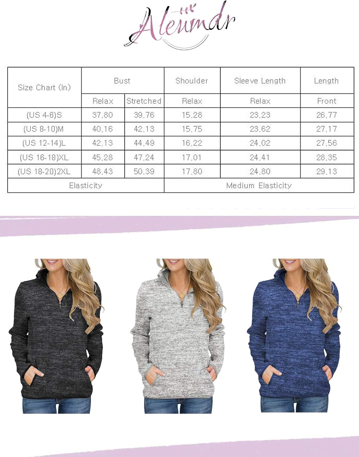 Aleumdr Women Casual Long Sleeve 1/4 Zipper Color Block Sweatshirts Stand Collar Pullover Tunic Tops with Pockets S-XXL at  Women’s Clothing store
