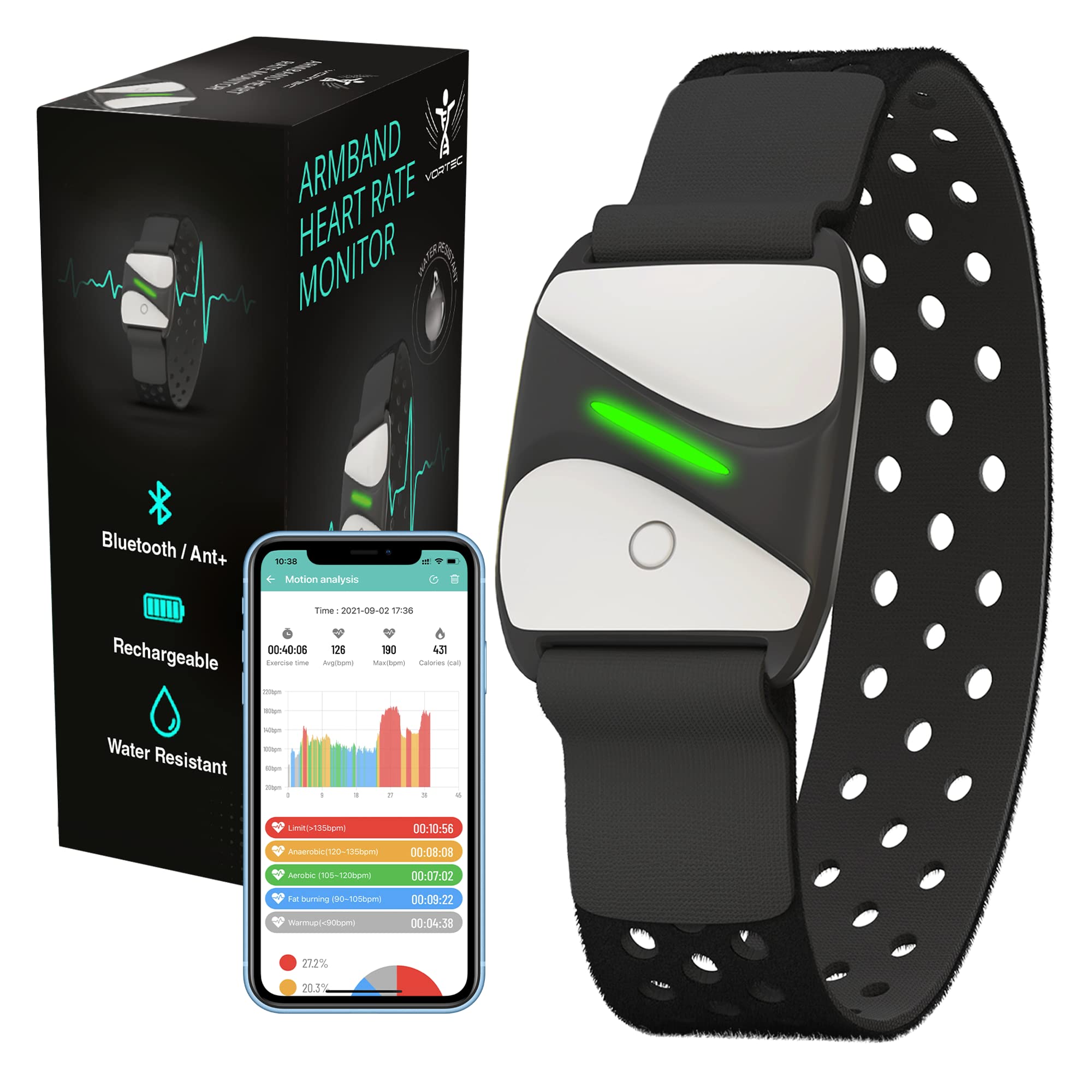 Vortec Armband Heart Rate Monitor | Bluetooth Peloton Armband | Rechargeable Ant+ Arm Heart Rate Monitor Peloton compatible with Strava, iFIT, NordicTrack