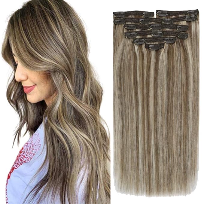 Amazon Com Vesunny Highlighted Clip Human Hair Extensions Color 8a And 60 Blonde Highlighted Hair Extensions Human Hair 22inch Clip In Straight Remy Human Hair Extensions 100 Gram 7 Pcs Beauty