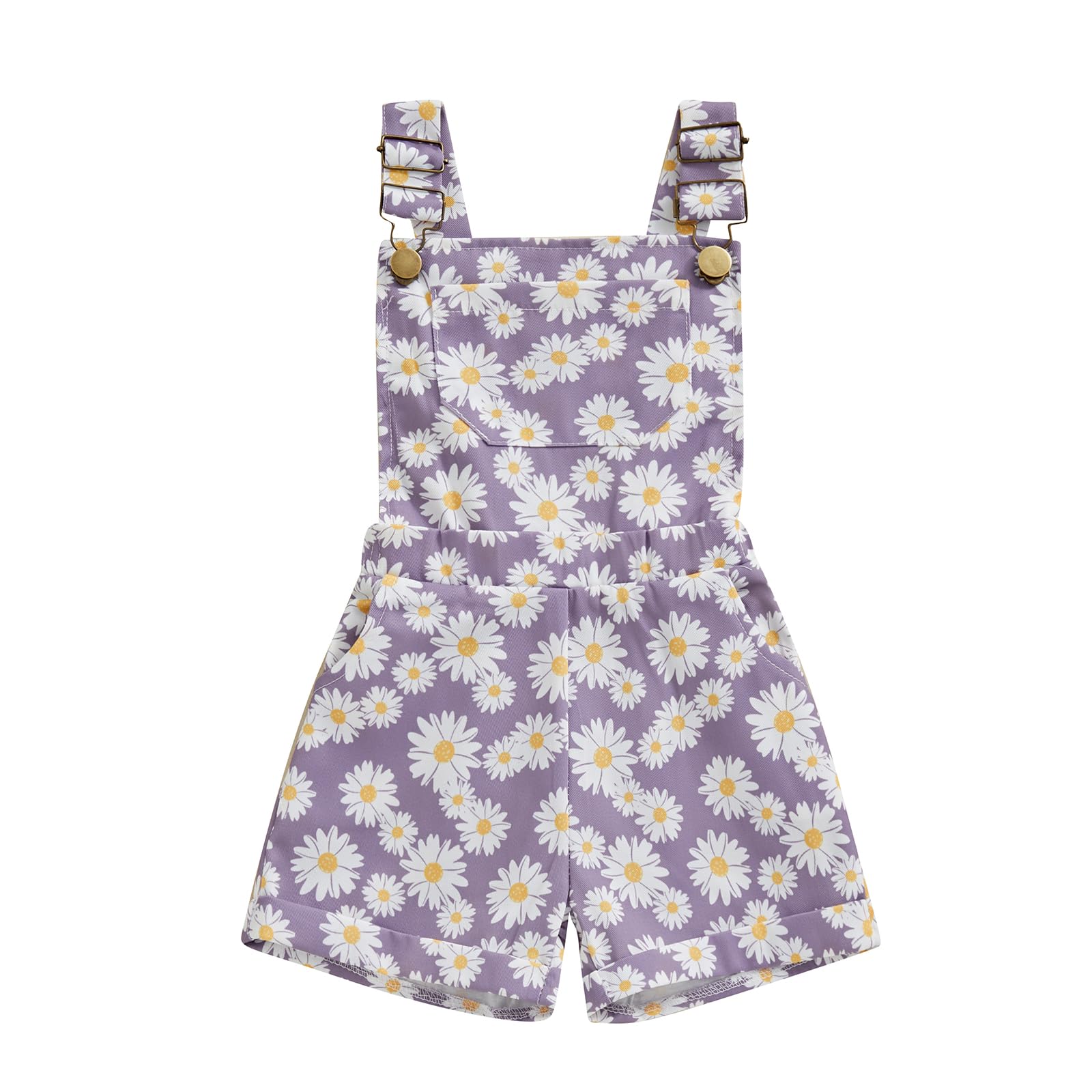 Photo 1 of (USED/FAIR) (BAGGED) Ayalinggo Toddler Baby Girl Sunflower Print Overalls Shorts with Pocket Suspender Trousers Cute Summer Clothing Outfit (Daisy-purple, 6-12 Months)