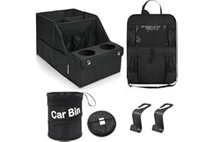 FRONET Car Organizer and Storage 5-in-1 Set with Front Seat Organizer, Backseat Organizer, Car Trash Can & 2 Headrest Hooks, Universal Car Storage Accessories for SUV Truck & Sedan Vehicle