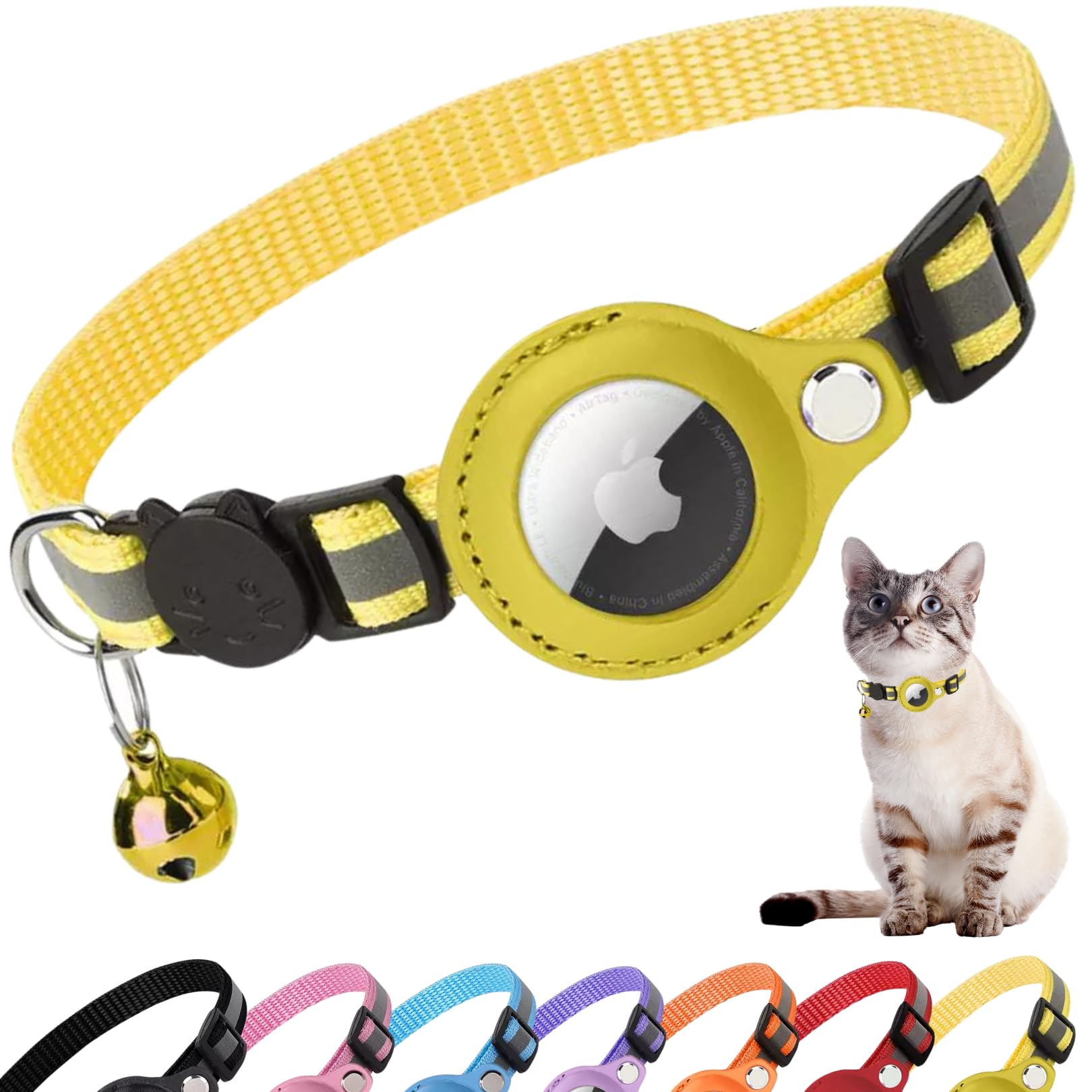 Cat Collar, Cat Accessories Compatible with Apple airtag, Cat Collars quick release for Kitten and Small Dogs, GPS airtag Not Included ! (yellow)