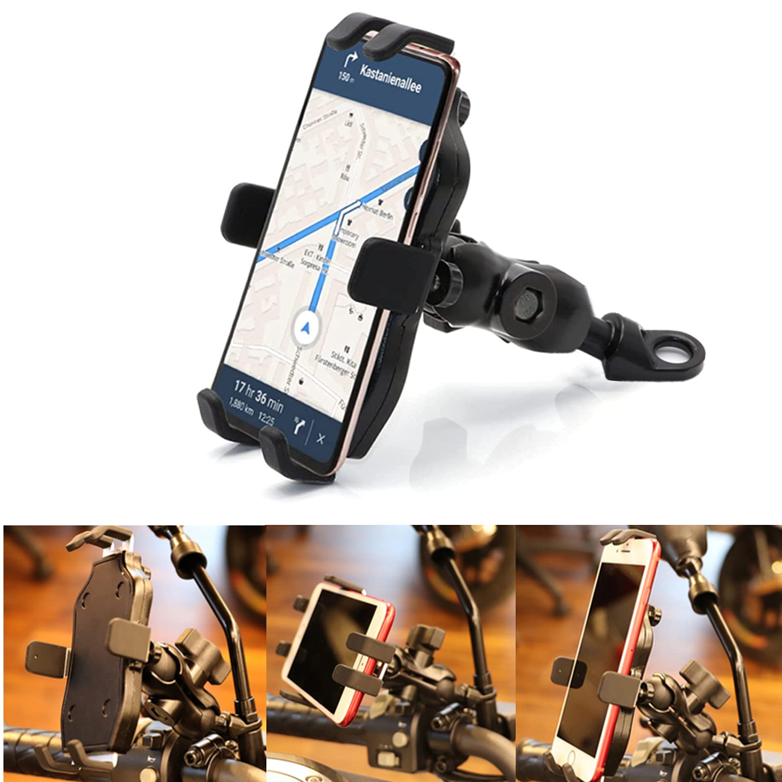 Motorcycle Mobile Phone Holder, Universal Motorcycle Rear View Mirror Mobile Phone Holder GPS Navigation Mount 360 Rotation Anti-Shake Quick Release for 5-6.9 Inch Mobile Phone