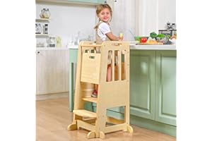 WINGYZ Toddler Kitchen Stool – Adjustable Helper Tower for Kids with Safety Rail, Wooden Standing Step-Up Stool, Sliding Door & Stable Base, Natural Wood