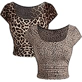 Floerns Women's Leopard Print Square Neck Short Sleeve Ruched Slim Fit Crop Casual Tee Tops
